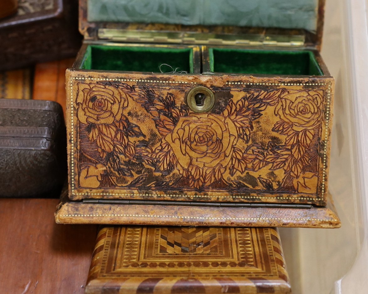 A selection of various boxes, to include a leather jewellery box, wooden inlaid card boxes and others